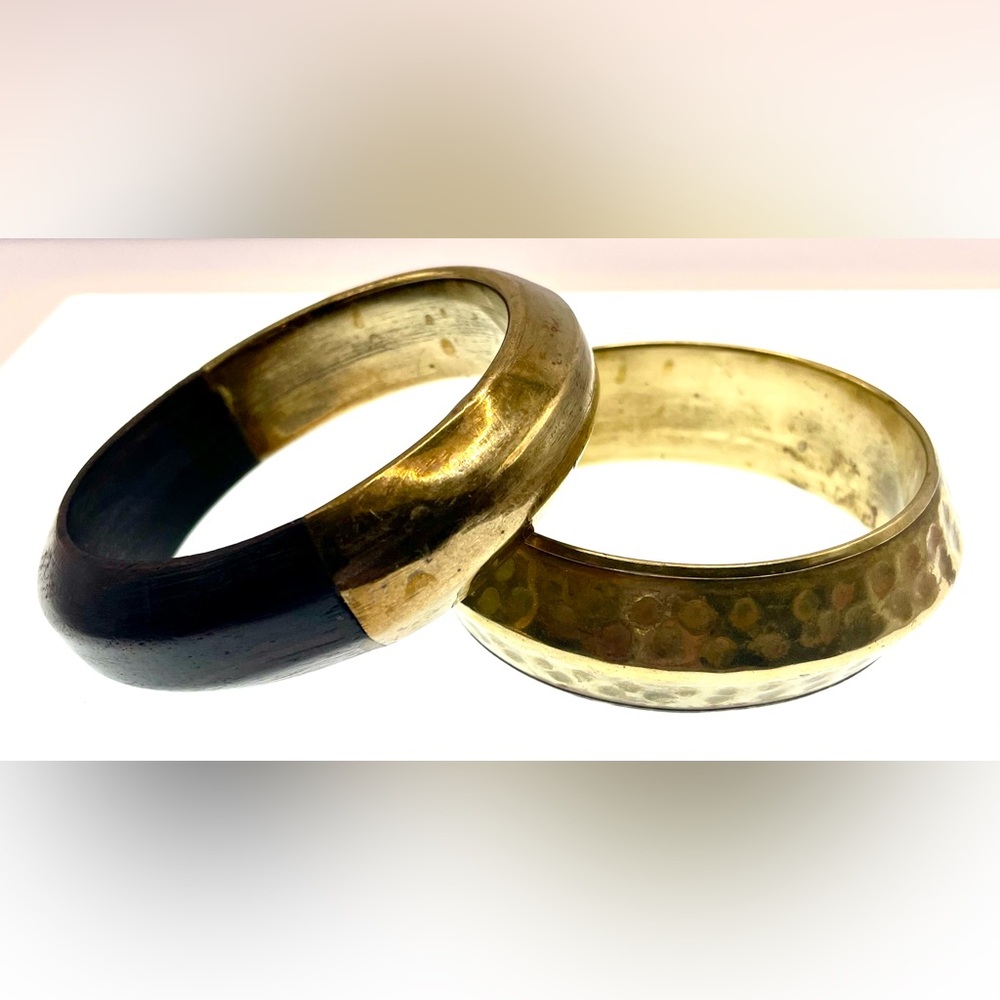 3 for $30 Vintage Set of 2 Bangle Bracelets Wooden and Brass and Textured Brass